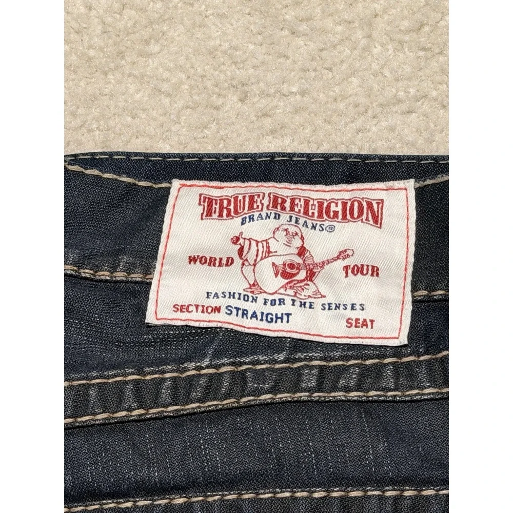 True Religion Straight Jeans Men's 34 Dark Wash Red Stitch Flap Pocket Y2K Denim